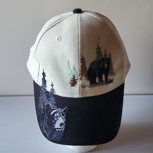 Bear Embroidered Cap - Black and Cream, 100% Cotton.